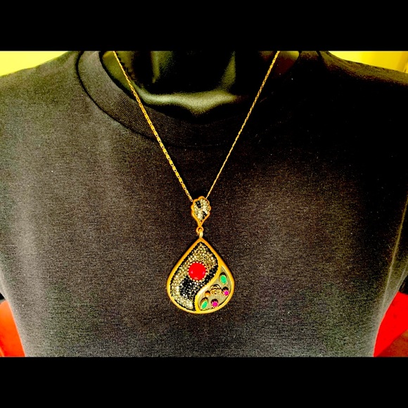 Stunning silver pendant fuchia & green semi-precious stones & shiny rhinestones - Picture 11 of 15